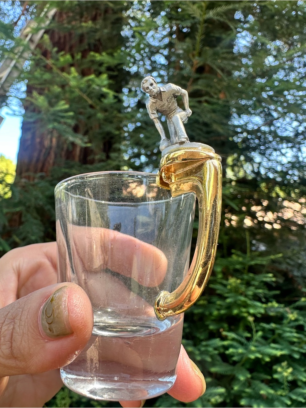 Gold Handle Shot Glass with Miniature Figurine Accent guy bowling decor gift